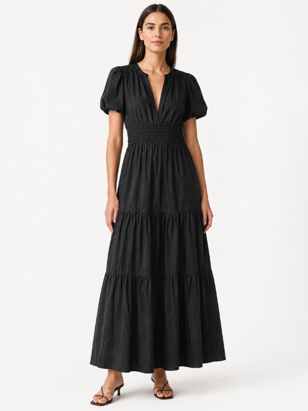 Quince NWT Black 100% Cotton Smocked Waist Tiered Maxi Dress Size Small